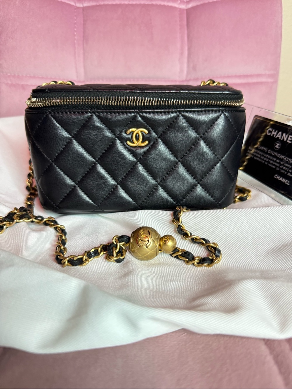 CHANEL Pearl Crush Vanity in Black Quilted Lambskin w Gold Hardware & Black Card